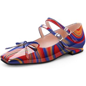 Women's Comfortable Bow Square Toe Patent Leather Ankle Strap Mary Janes Flat Shoes