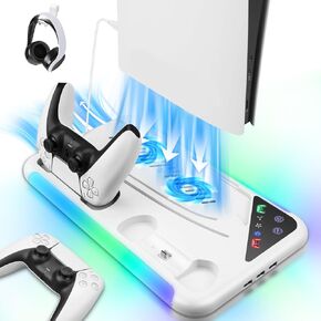 Cooling Station Compatible with PS5 / PS5 Slim Stand with Controller Charging Station, 3 Levels Cooling Fan and 3 Charging Ports Accessories Compatible with Playstation 5 Disc & Digital-White