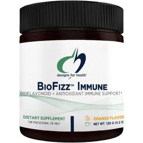 تصميمات للصحة مسحوق المناعة BioFizz - مكمل مزيج مشروب فيتامين C مع البيوفلافونويد والزنك و2000 وحدة دولية فيتامين D + E - نكهة البرتقال الغازية + دعم مضاد للأكسدة (30 حصة / 120 جم)