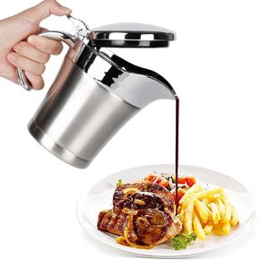 Gravy Boat Stainless Steel Double Insulated Sauce Jug with Hinged Lid, Perfect for Serving Jars of Gravy or Cream for Thanksgiving, Halloween, Christmas (450ML-16oz -Sliver）
