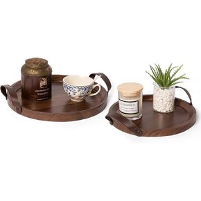 GENMOUS 2 Pcs Decorative Tray with Leather Handle - 9in 11in Round Serving Tray - Farmhouse Decoration Trays for Home,Living Room, Coffee Table,Rustic Wood Tray for Kitchen Table,Dining Table Decor