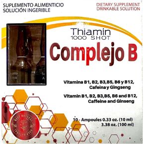 B Complex, Complejo B 1000 Shot | Multi-Vitamins, Caffeine, and Ginseng | Box with 10 Ampoules of 10ml | Energy, Cognitive Function, and Metabolic Health Boost.