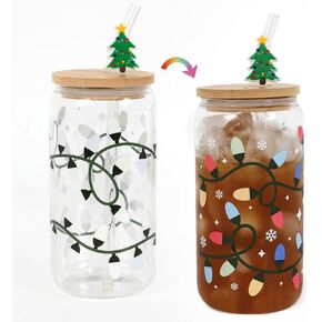 Christmas Gifts, 18oz Color Changing Christmas Lights Iced Coffee Can Glass, Christmas Glass Cup with Lid and Straw, Holiday Tumbler, Christmas Decorations