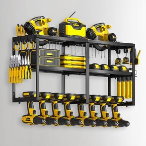 Power Tool Organizer Wall Mount, Heavy Duty Utility Tool Rack with 8 Drill Holders and 3-Layer High Capacity Storage Rack for Cordless Tool Screwdriver Plier Hammer Holder