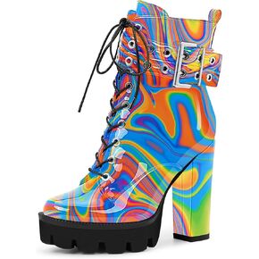 Women's Platform Chunky High Heel Ankle Boots Gothic Buckle Strap Lace Up Combat Booties