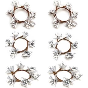 White Christmas Napkin Rings Set of 6 Silver Napkin Rings Small Christmas Flower Stamen Wreath for Wedding Birthday Party Dinner Table Decorations