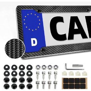License Plate Frame for Car with Stainless Steel Screws Caps, Rattle Proof Pad,4 Holes 12.25" x 6.25" (100% Carbon Fiber Frame)