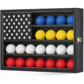 Retro Golf Ball Display Case Holds 28 Golf Balls, 11"x15" Golfball Storage Box with HD Acrylic Glass, Wall Mount Golf Ball Holder with Flag for Collectors and Autographed Balls
