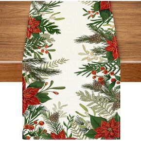 Christmas Winter Table Runner, 13x72 inch Red Floral Leaves Holly Pine Cone Xmas Seasonal Holiday Kitchen Dining Table Runners for Home Indoor Mantel Party Farmhouse Decoration