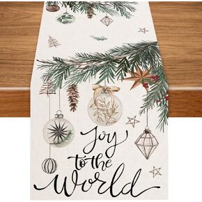 Christmas Table Runner，Christmas Glass Balls Pine Branch Joy to The World Tabletop Runners Seasonal Winter Holiday Table Decorations for Indoor Kitchen Dining Table Decor13x72 Inch