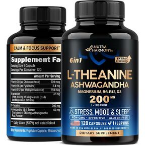 مكمل إل ثيانين 200 مجم - ل-ثيانين وأشواغاندا نباتي - دعم النوم والاسترخاء والتركيز وتخفيف التوتر - مع المغنيسيوم وفيتامينات د3 وب6 وب12 - لا يسبب النعاس - صنع في الولايات المتحدة الأمريكية، 120 كبسولة in Kuwait