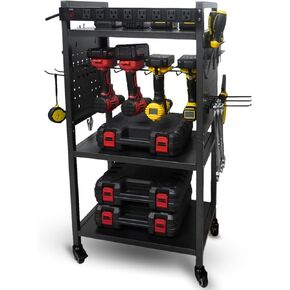 Power Tool Organizer Cart with Charging Station, 4-Tier Rolling Tool Cart for Garage Storage,300lbs Capacity Mechanic Tool Cart On Wheels with Drill Set Rack Shelf (Black, L)