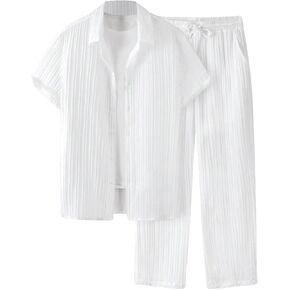 Men's 2 Piece Outfits Short Sleeve Button Down Shirts Drawstring High Waisted Pants Vacation Sets