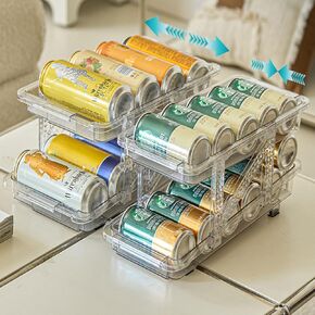 Refrigerator storage containers， Adjustable Width Rolling Soda Can Dispenser Soda Can Storage Rack Beverage Pop Can Holder Drink Organizer for Fridge Pantry Cabinet Countertop (2 Pack, Clear)