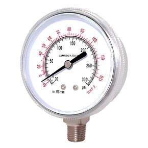PIC Gauges 401NH3-254CF Lower Mount Dry Ammonia Refrigeration Gauge w/ Chrome Plated Steel Case, Plastic Twist-off Lens, 2.5" Dial, 30/0/150 psi Range, 1/4" Male NPT, -40/0/80° F Equivalent