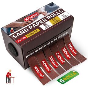 XFasten 6 Grits Sandpaper Assortment Rolls 80 150 240 320 400 600 Grit Abrasive Sand Paper Roll Set Compact Multi Roll Sandpaper Dispenser Sanding Cloth for Wood, Sand Cloth 6m (118 Feet Total)