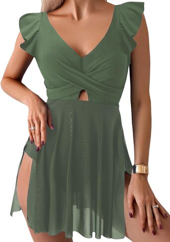 Aleumdr Women's One Piece Skirt Swimsuit Ruffle Tummy Control Swimdress V Neck Wrap Split Hem Swim Dresses in Kuwait