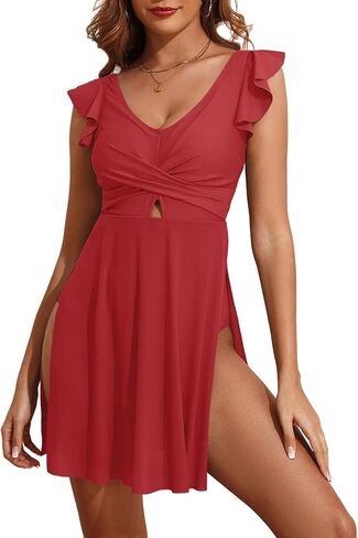 Aleumdr Women's One Piece Skirt Swimsuit Ruffle Tummy Control Swimdress V Neck Wrap Split Hem Swim Dresses in Kuwait