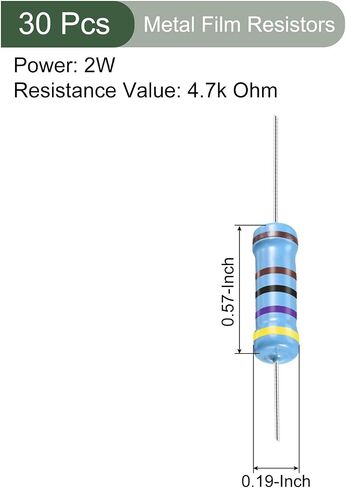 YOKIVE 30 PCS Metal Film Resistors, 4.7K Ohm Resistor with 2W 1% Tolerance, Lead, Good for DIY Electronic Projects (5 Color Bands, 15.5+/-1mm) in Saudi Arabia