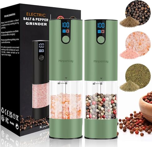 Electric Salt and Pepper Grinder Set Rechargeable with LED Display, Adjustable Coarseness, 120ml Container Automatic Pepper and Salt Grinder for Kitchen, Restaurant (Bright Black - 2Pack) in Saudi Arabia