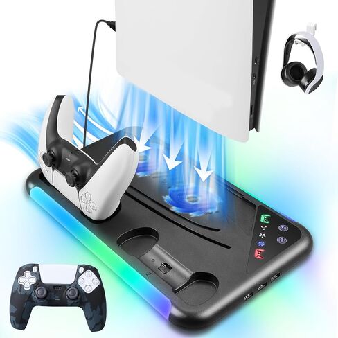 محطة تبريد متوافقة مع حامل PS5 / PS5 النحيف مع محطة شحن وحدة التحكم، ومروحة تبريد 3 مستويات و3 منافذ شحن متوافقة مع قرص Playstation 5 والرقمية باللون الأبيض in Kuwait