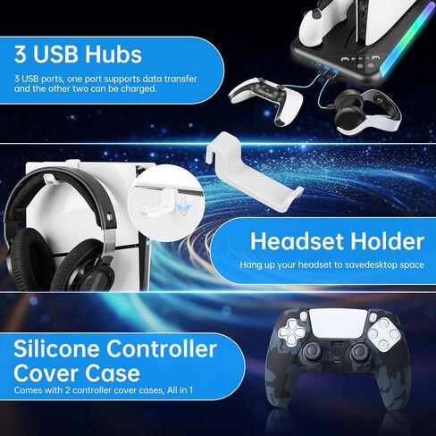 محطة تبريد متوافقة مع حامل PS5 / PS5 النحيف مع محطة شحن وحدة التحكم، ومروحة تبريد 3 مستويات و3 منافذ شحن متوافقة مع قرص Playstation 5 والرقمية باللون الأبيض in Kuwait