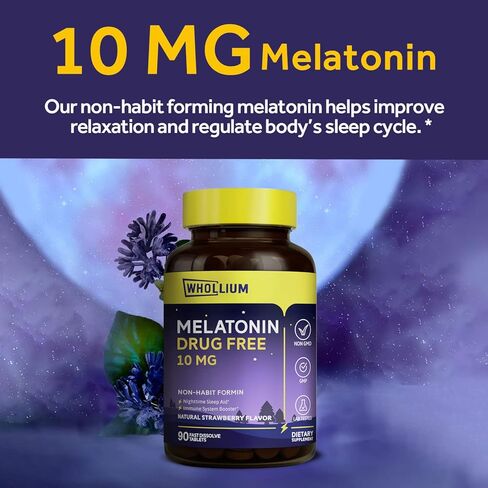 الميلاتونين 10 ملغ، نكهة الفراولة الطبيعية، سهل الذوبان، راحة ليلية، تهدئة العقل، 90 قرص in Kuwait