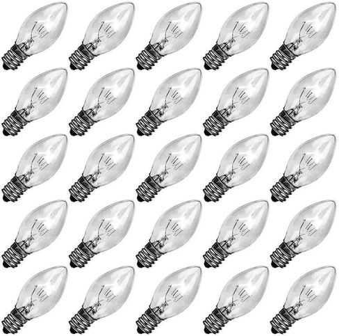 GOOTHY 25 Pack C7 Clear Replacement Bulbs, C7 Clear Light Bulbs for Christmas Outdoor Patio Indoor String Lights, C7/E12 Candelabra Base, 5 Watt Night Light Bulbs- Clear in Saudi Arabia