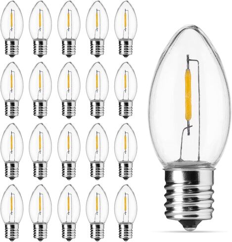 C7 LED Christmas Light Bulb, Clear Vintage Replacement Bulbs for Outdoor Indoor String Lights, Commercial Grade Holiday LED Night Light Bulbs, Warm White, C7 E12 Candelabra Base, 0.6W, 25 Pack in Kuwait
