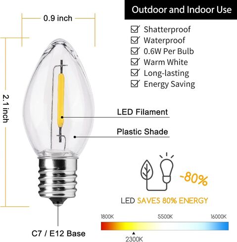 C7 LED Christmas Light Bulb, Clear Vintage Replacement Bulbs for Outdoor Indoor String Lights, Commercial Grade Holiday LED Night Light Bulbs, Warm White, C7 E12 Candelabra Base, 0.6W, 25 Pack in Kuwait