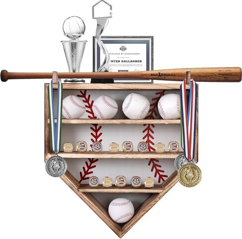 Baseball Display Case 17 x 12, Holder for 20 Balls, 9 Championship Rings, Solid Wood Baseball Box with Lockable Acrylic Door, Bat Rack, Wall Mount Display Cabinet for Collectibles and Trophies in Saudi Arabia