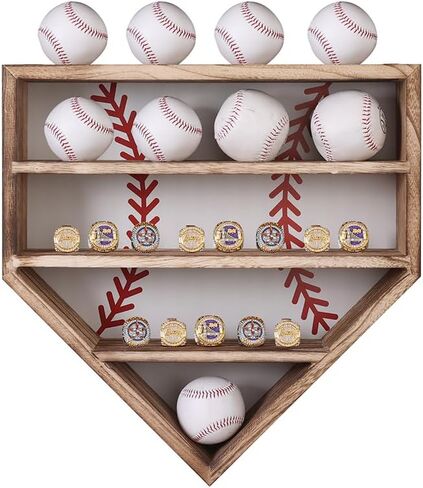 Baseball Display Case 17 x 12, Holder for 20 Balls, 9 Championship Rings, Solid Wood Baseball Box with Lockable Acrylic Door, Bat Rack, Wall Mount Display Cabinet for Collectibles and Trophies in Saudi Arabia