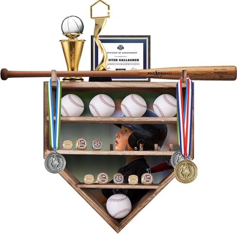 Baseball Display Case 17 x 12, Holder for 20 Balls, 9 Championship Rings, Solid Wood Baseball Box with Lockable Acrylic Door, Bat Rack, Wall Mount Display Cabinet for Collectibles and Trophies in Saudi Arabia