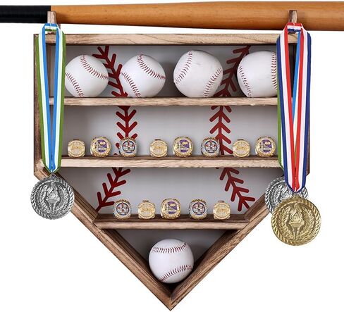 Baseball Display Case 17 x 12, Holder for 20 Balls, 9 Championship Rings, Solid Wood Baseball Box with Lockable Acrylic Door, Bat Rack, Wall Mount Display Cabinet for Collectibles and Trophies in Saudi Arabia