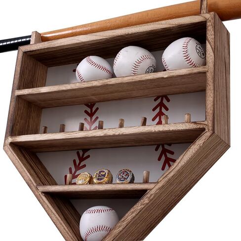 Baseball Display Case 17 x 12, Holder for 20 Balls, 9 Championship Rings, Solid Wood Baseball Box with Lockable Acrylic Door, Bat Rack, Wall Mount Display Cabinet for Collectibles and Trophies in Saudi Arabia