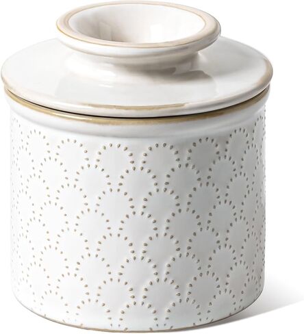 LE TAUCI Butter Crock, Butter Dish with Lid, Butter Container for Counter with Water Line, Embossed French Butter Keeper for Spreadable Butter, Suit For Housewarming - Set of 1, Arctic White in Saudi Arabia