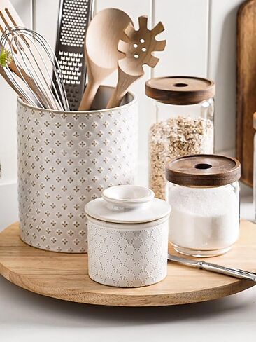 LE TAUCI Butter Crock, Butter Dish with Lid, Butter Container for Counter with Water Line, Embossed French Butter Keeper for Spreadable Butter, Suit For Housewarming - Set of 1, Arctic White in Saudi Arabia