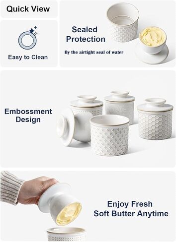 LE TAUCI Butter Crock, Butter Dish with Lid, Butter Container for Counter with Water Line, Embossed French Butter Keeper for Spreadable Butter, Suit For Housewarming - Set of 1, Arctic White in Saudi Arabia