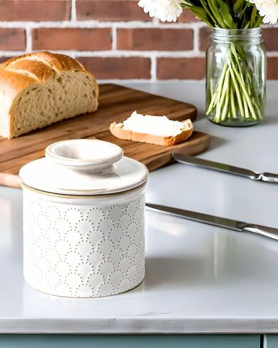 LE TAUCI Butter Crock, Butter Dish with Lid, Butter Container for Counter with Water Line, Embossed French Butter Keeper for Spreadable Butter, Suit For Housewarming - Set of 1, Arctic White in Saudi Arabia