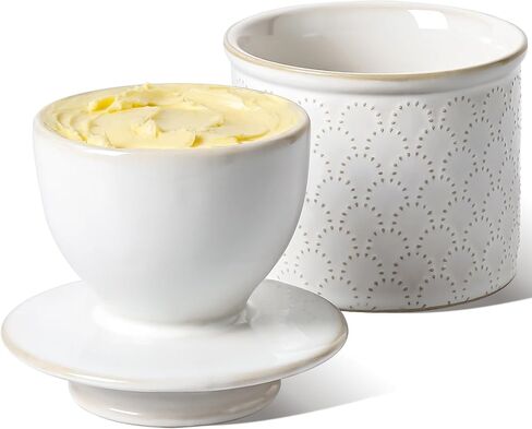 LE TAUCI Butter Crock, Butter Dish with Lid, Butter Container for Counter with Water Line, Embossed French Butter Keeper for Spreadable Butter, Suit For Housewarming - Set of 1, Arctic White in Saudi Arabia
