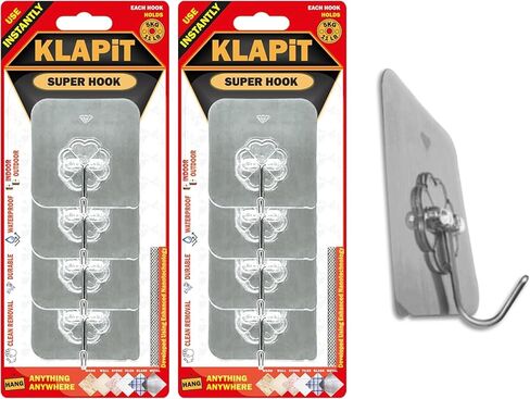 KLAPiT Super Hook - Heavy-Duty Adhesive Wall Hooks, Holds Up to 11 lbs, Waterproof, No Damage, Easy Install on Tile, Wood, Stone, Glass & Metal - Made of Steel (Clear, 4pc) in Kuwait
