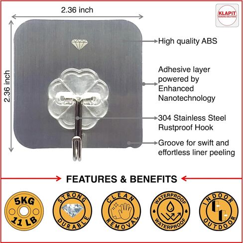 KLAPiT Super Hook - Heavy-Duty Adhesive Wall Hooks, Holds Up to 11 lbs, Waterproof, No Damage, Easy Install on Tile, Wood, Stone, Glass & Metal - Made of Steel (Clear, 4pc) in Kuwait
