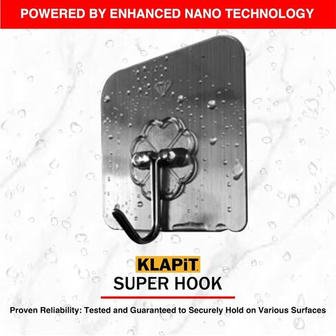 KLAPiT Super Hook - Heavy-Duty Adhesive Wall Hooks, Holds Up to 11 lbs, Waterproof, No Damage, Easy Install on Tile, Wood, Stone, Glass & Metal - Made of Steel (Clear, 4pc) in Kuwait