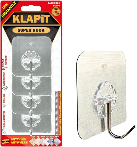 KLAPiT Super Hook - Heavy-Duty Adhesive Wall Hooks, Holds Up to 11 lbs, Waterproof, No Damage, Easy Install on Tile, Wood, Stone, Glass & Metal - Made of Steel (Clear, 4pc) in Kuwait