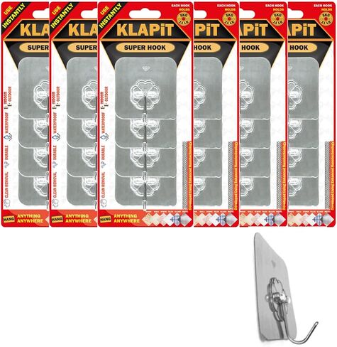 KLAPiT Super Hook - Heavy-Duty Adhesive Wall Hooks, Holds Up to 11 lbs, Waterproof, No Damage, Easy Install on Tile, Wood, Stone, Glass & Metal - Made of Steel (Clear, 4pc) in Kuwait