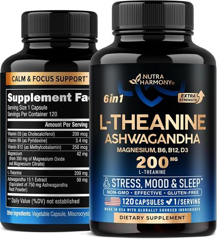 مكمل إل ثيانين 200 مجم - ل-ثيانين وأشواغاندا نباتي - دعم النوم والاسترخاء والتركيز وتخفيف التوتر - مع المغنيسيوم وفيتامينات د3 وب6 وب12 - لا يسبب النعاس - صنع في الولايات المتحدة الأمريكية، 120 كبسولة in Kuwait