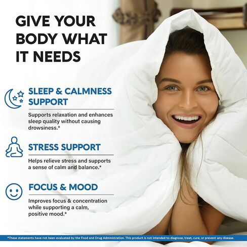 مكمل إل ثيانين 200 مجم - ل-ثيانين وأشواغاندا نباتي - دعم النوم والاسترخاء والتركيز وتخفيف التوتر - مع المغنيسيوم وفيتامينات د3 وب6 وب12 - لا يسبب النعاس - صنع في الولايات المتحدة الأمريكية، 120 كبسولة in Kuwait