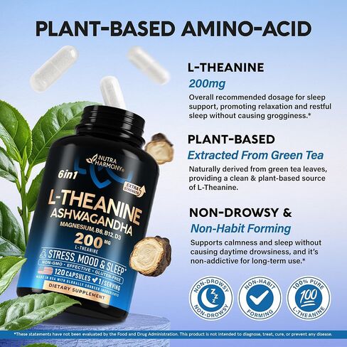 مكمل إل ثيانين 200 مجم - ل-ثيانين وأشواغاندا نباتي - دعم النوم والاسترخاء والتركيز وتخفيف التوتر - مع المغنيسيوم وفيتامينات د3 وب6 وب12 - لا يسبب النعاس - صنع في الولايات المتحدة الأمريكية، 120 كبسولة in Kuwait