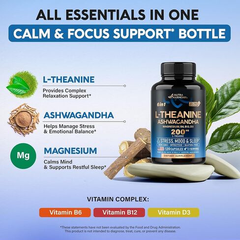 مكمل إل ثيانين 200 مجم - ل-ثيانين وأشواغاندا نباتي - دعم النوم والاسترخاء والتركيز وتخفيف التوتر - مع المغنيسيوم وفيتامينات د3 وب6 وب12 - لا يسبب النعاس - صنع في الولايات المتحدة الأمريكية، 120 كبسولة in Kuwait