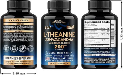 مكمل إل ثيانين 200 مجم - ل-ثيانين وأشواغاندا نباتي - دعم النوم والاسترخاء والتركيز وتخفيف التوتر - مع المغنيسيوم وفيتامينات د3 وب6 وب12 - لا يسبب النعاس - صنع في الولايات المتحدة الأمريكية، 120 كبسولة in Kuwait